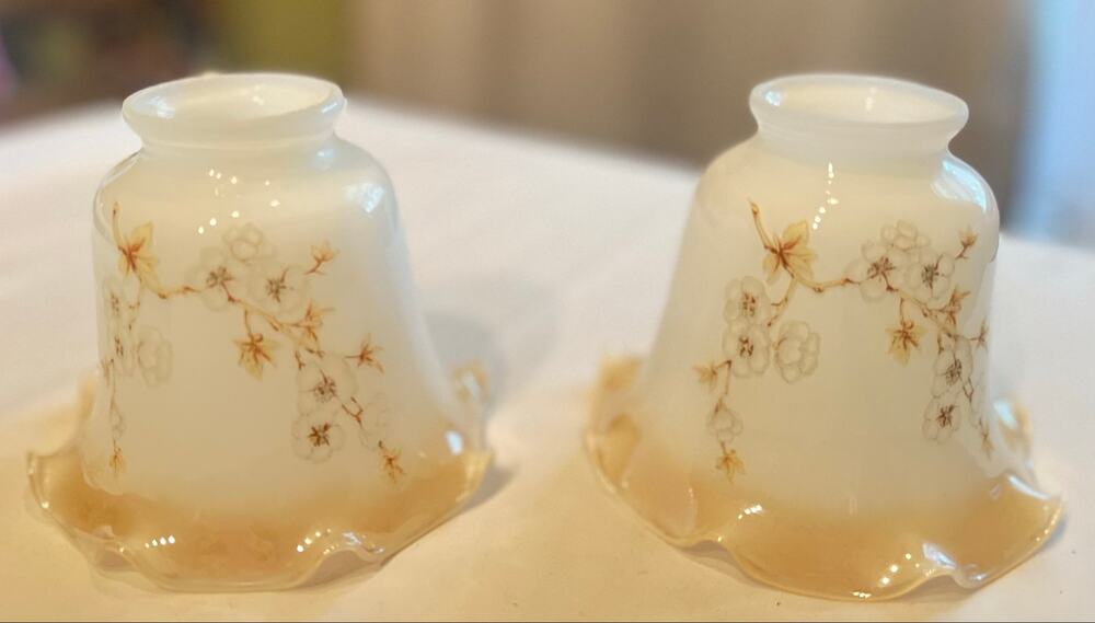 Vintage Pair White Opal Milk Glass Dogwood Floral Ruffled Lamp Shades 2-1/4”